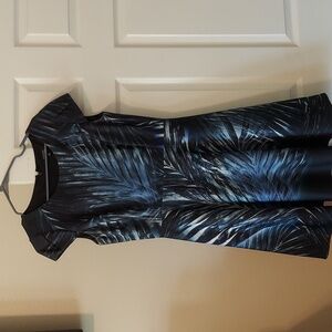 Black with blue and cream palm design Tahari dress